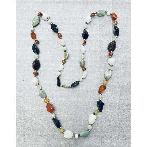 Vintage 70s-80s Agate Polished Gemstone Brass Beads Necklace 32"  Barrel Clasp - Picture 1 of 7
